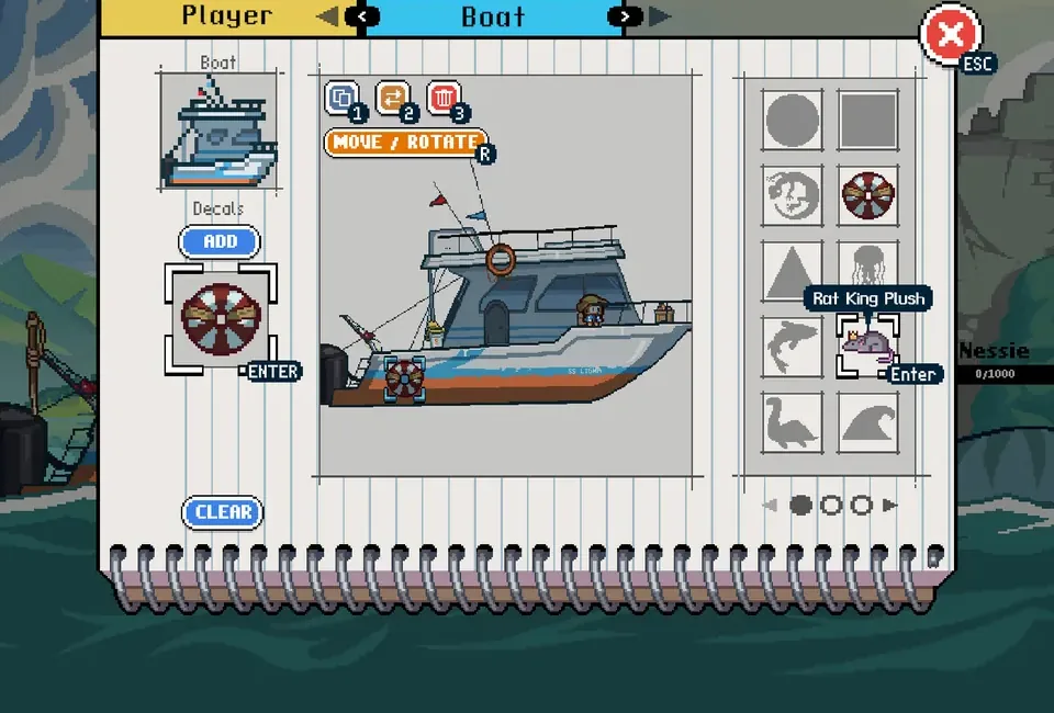 Cropped official Scale the Depths Steam screenshot showing the boat customization notebook and filled and empty collection slots