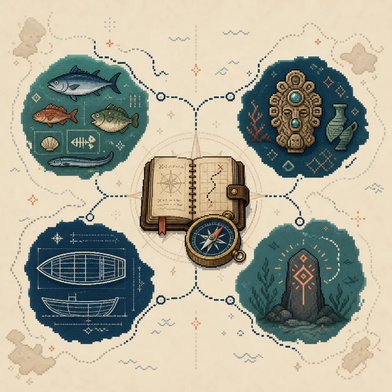Editorial pixel-art-inspired diagram connecting a fish almanac, artifact relic, boat blueprint, and hidden route marker around a captain's notebook