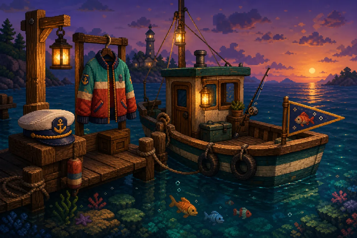 Editorial concept illustration of a Scale the Depths fishing boat with a hat, jacket and pennant on a dock