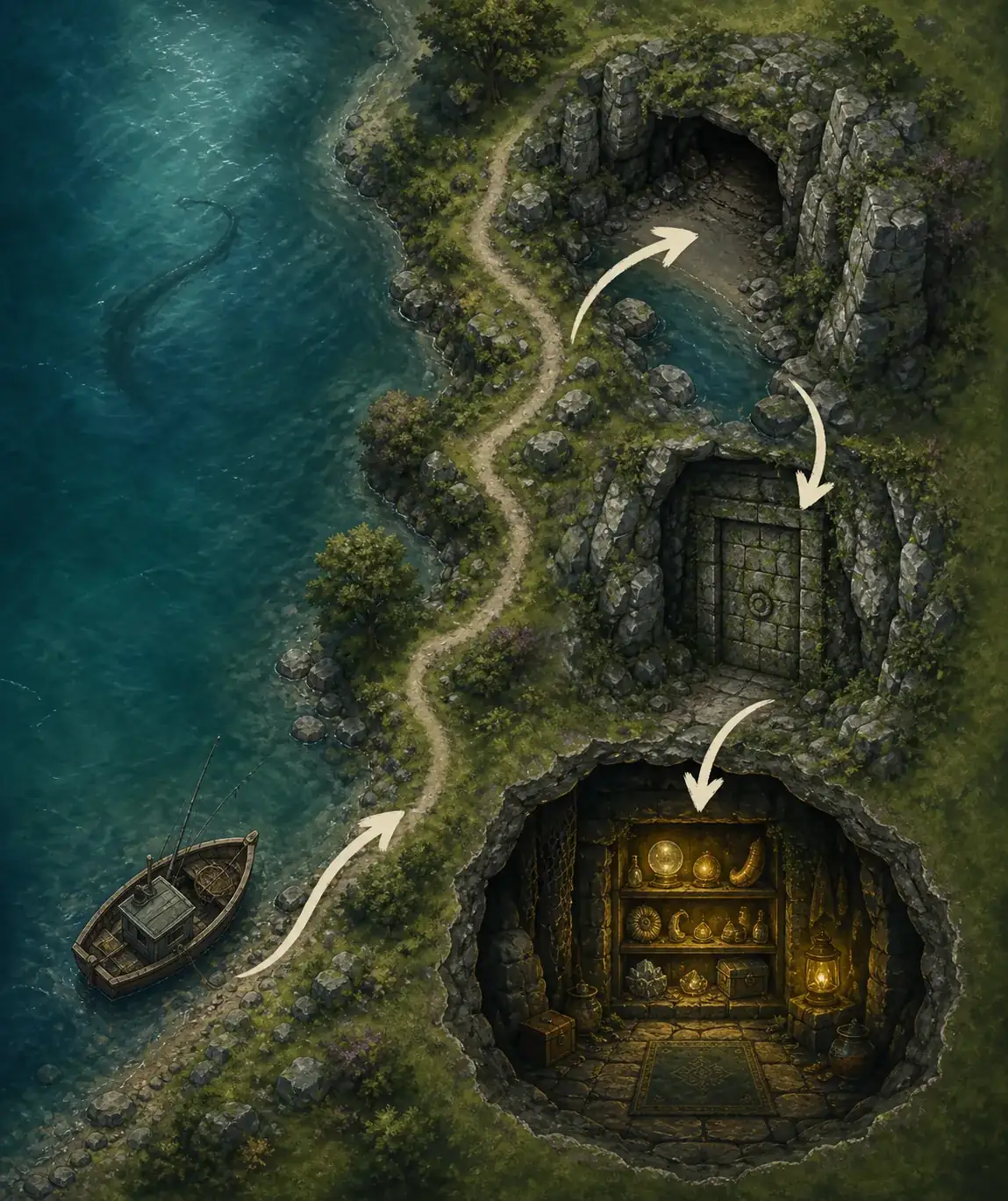 Editorial concept diagram showing a boat, rocky side path, hidden door, and collection chamber