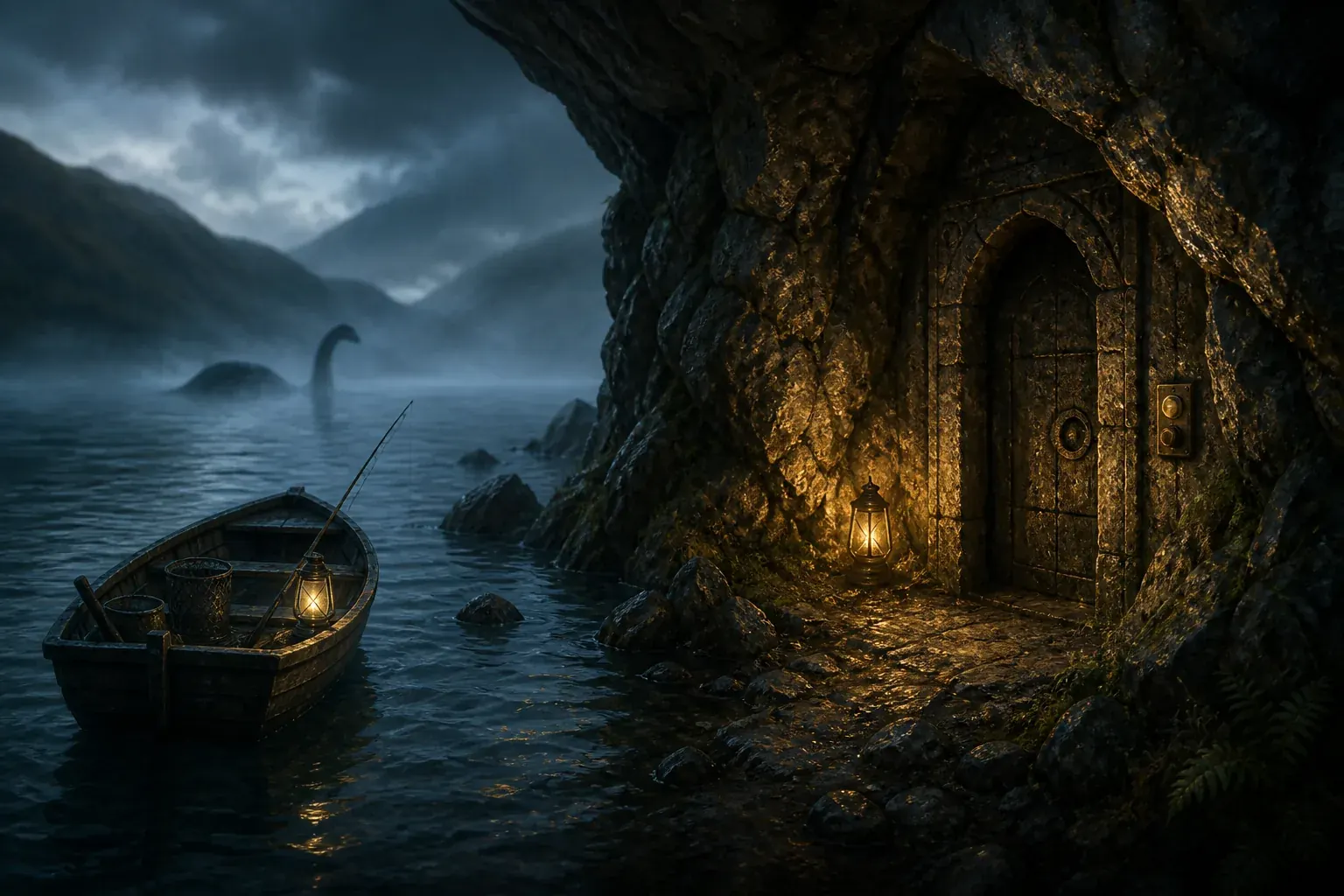 Editorial concept illustration of a fishing boat beside a hidden stone door on a misty Loch Ness shore