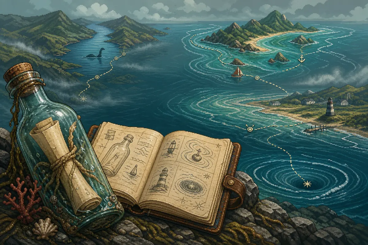 Editorial illustration of a bottle, a compass, and a deep blue ocean route for a Scale the Depths message checklist