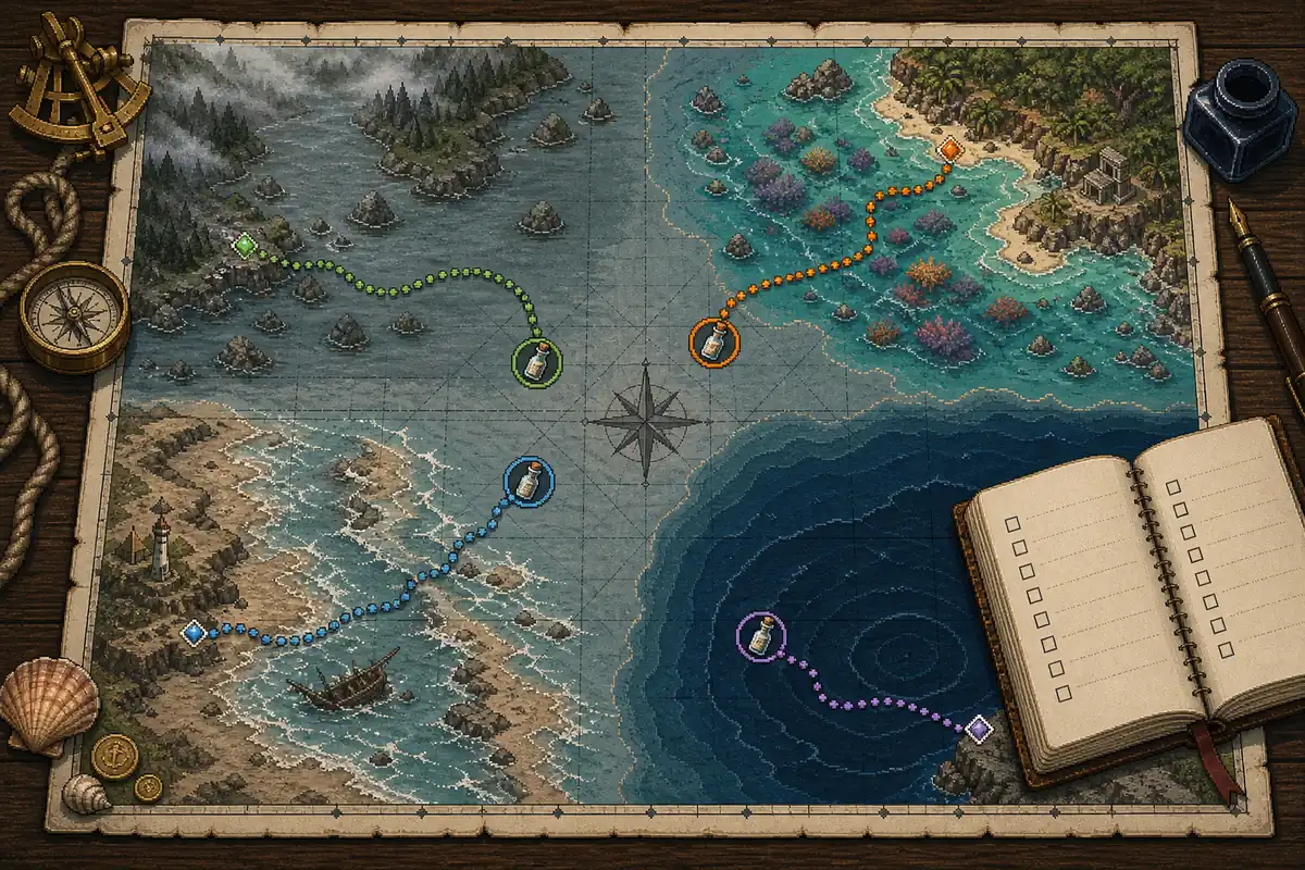 Editorial route illustration linking Loch Ness, Huatulco, Outer Banks, and Point Nemo for message collection