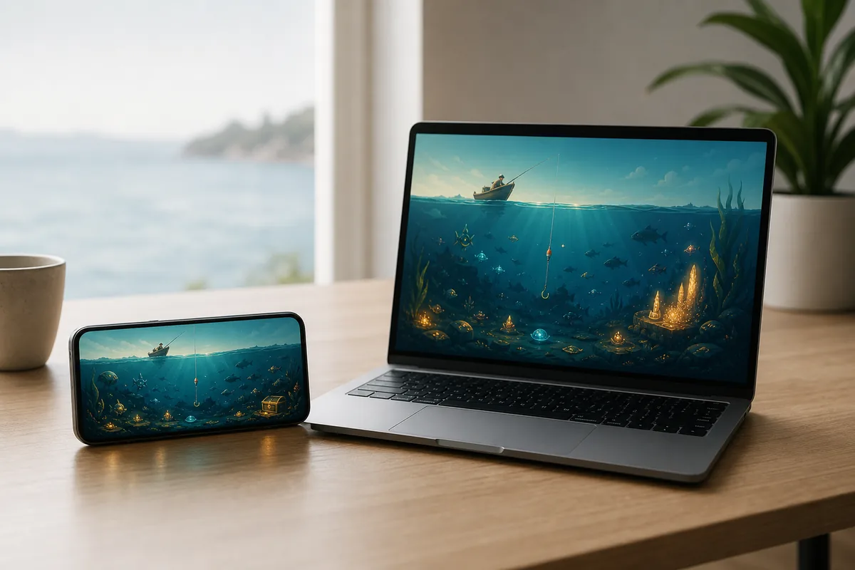 Illustrazione di telefono e portatile con un concetto di gioco di pesca nel browser