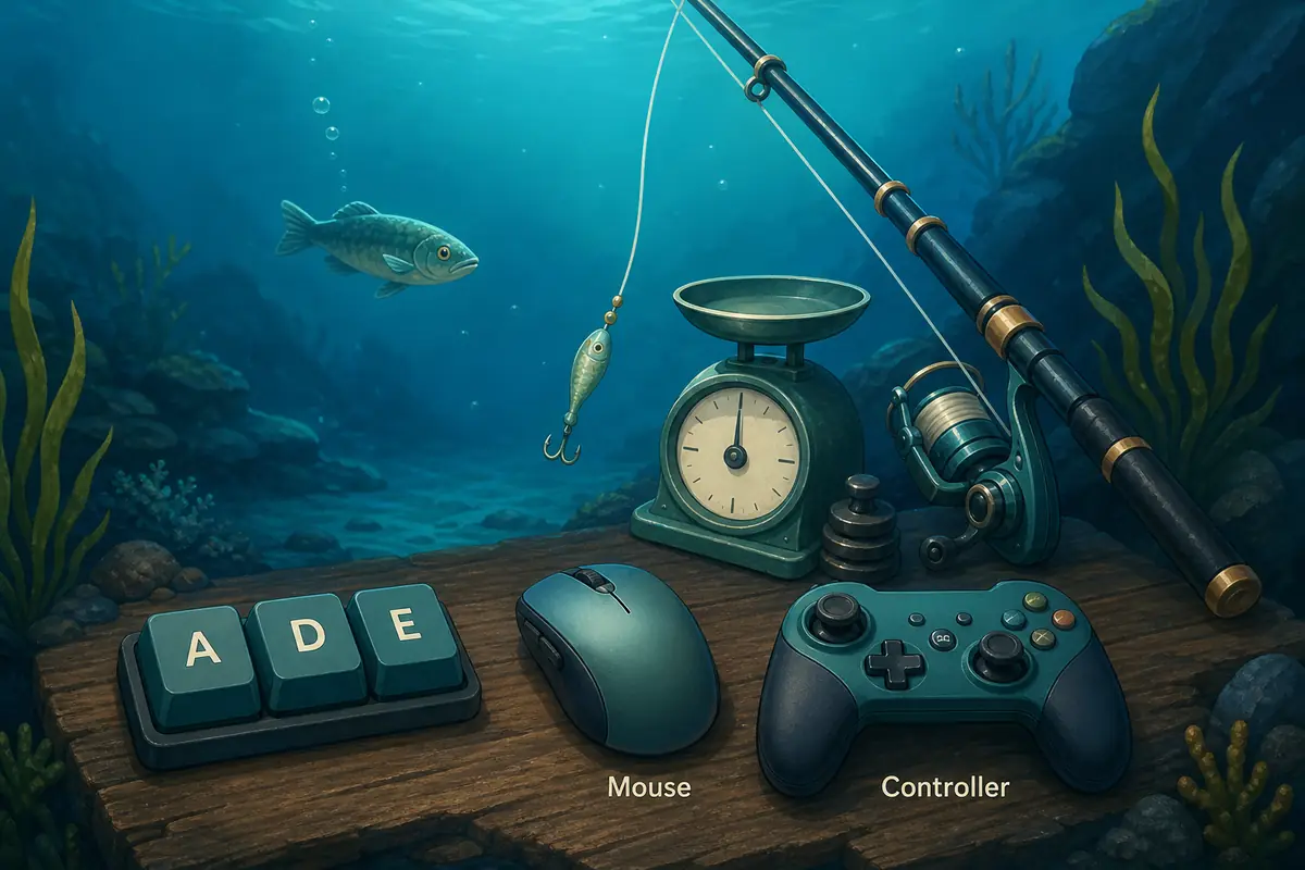 Editorial diagram of Scale the Depths keyboard, mouse, and controller control options