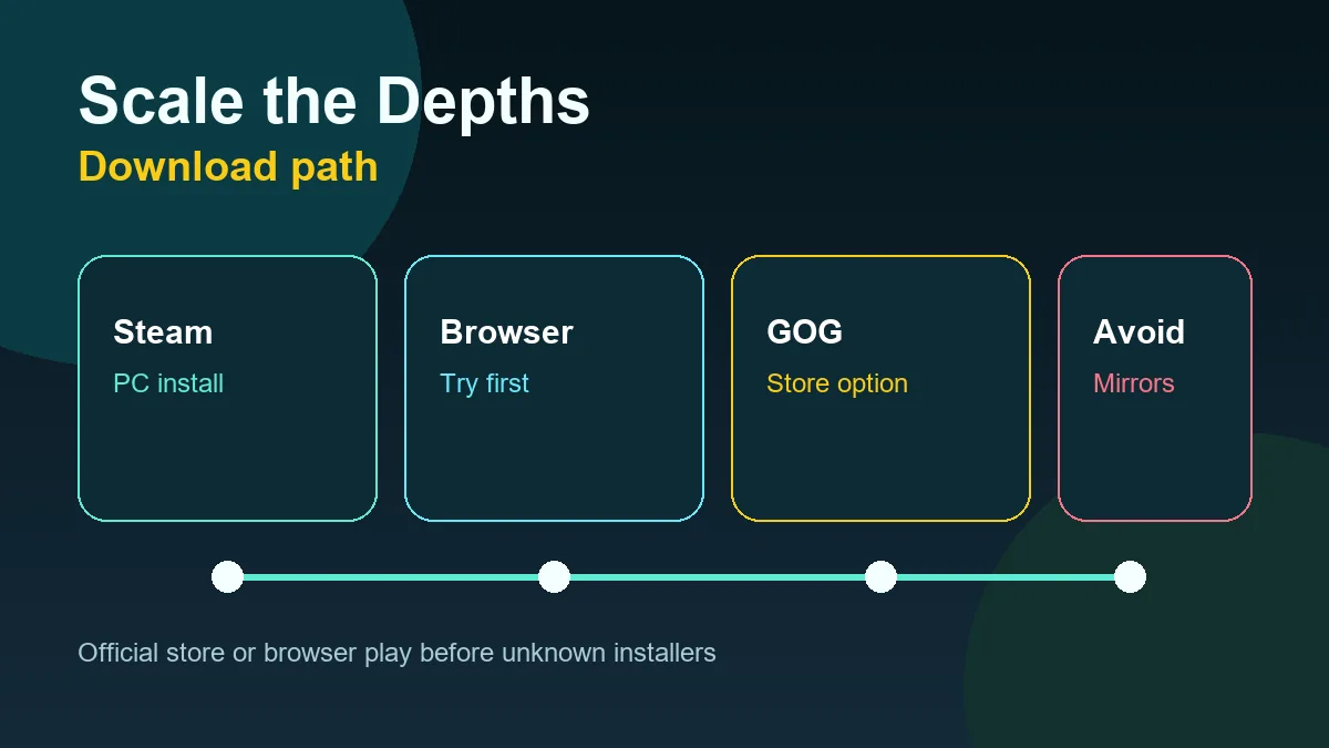 Diagram comparing Steam, browser, GOG, and unsafe mirror paths for Scale the Depths