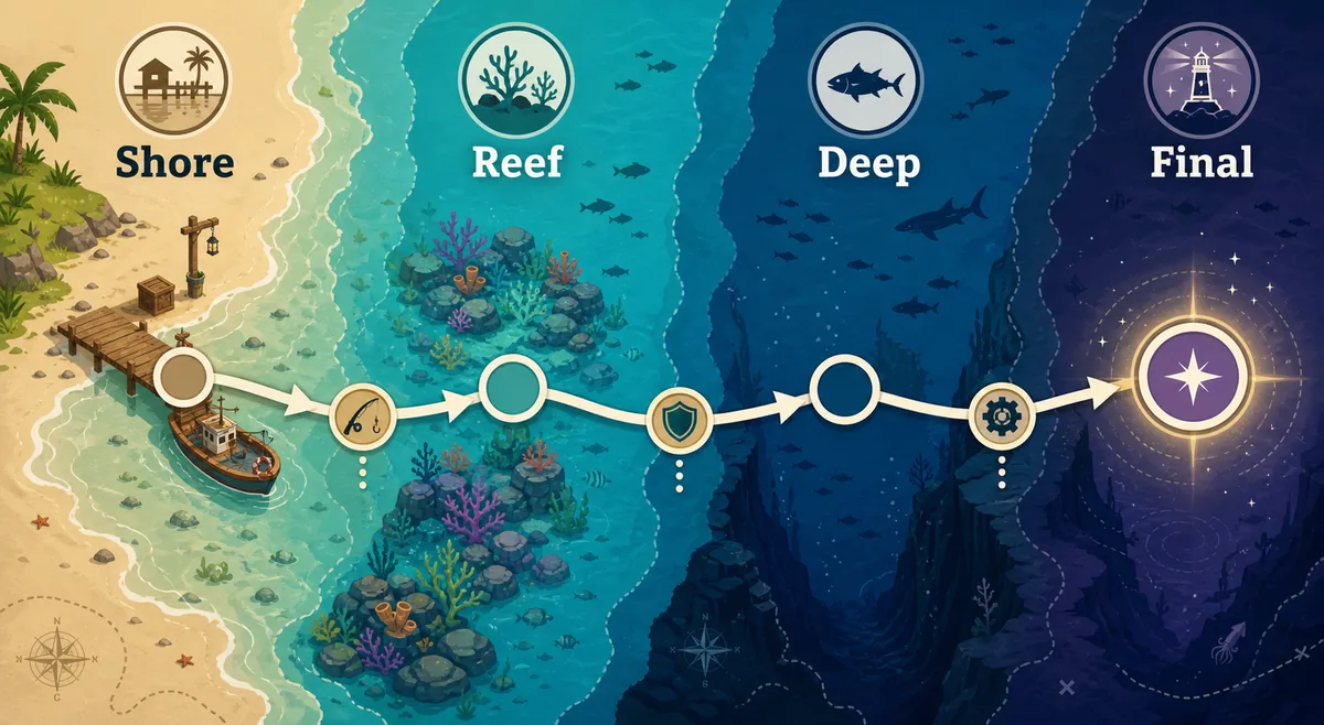 Editorial route diagram showing Scale the Depths progression from shore to deeper areas